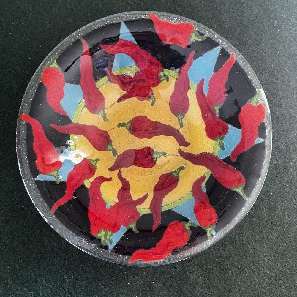 Peggy Karr Fused Art Glass Red Chili Hot Peppers Bowl 8.5" Signed Vintage